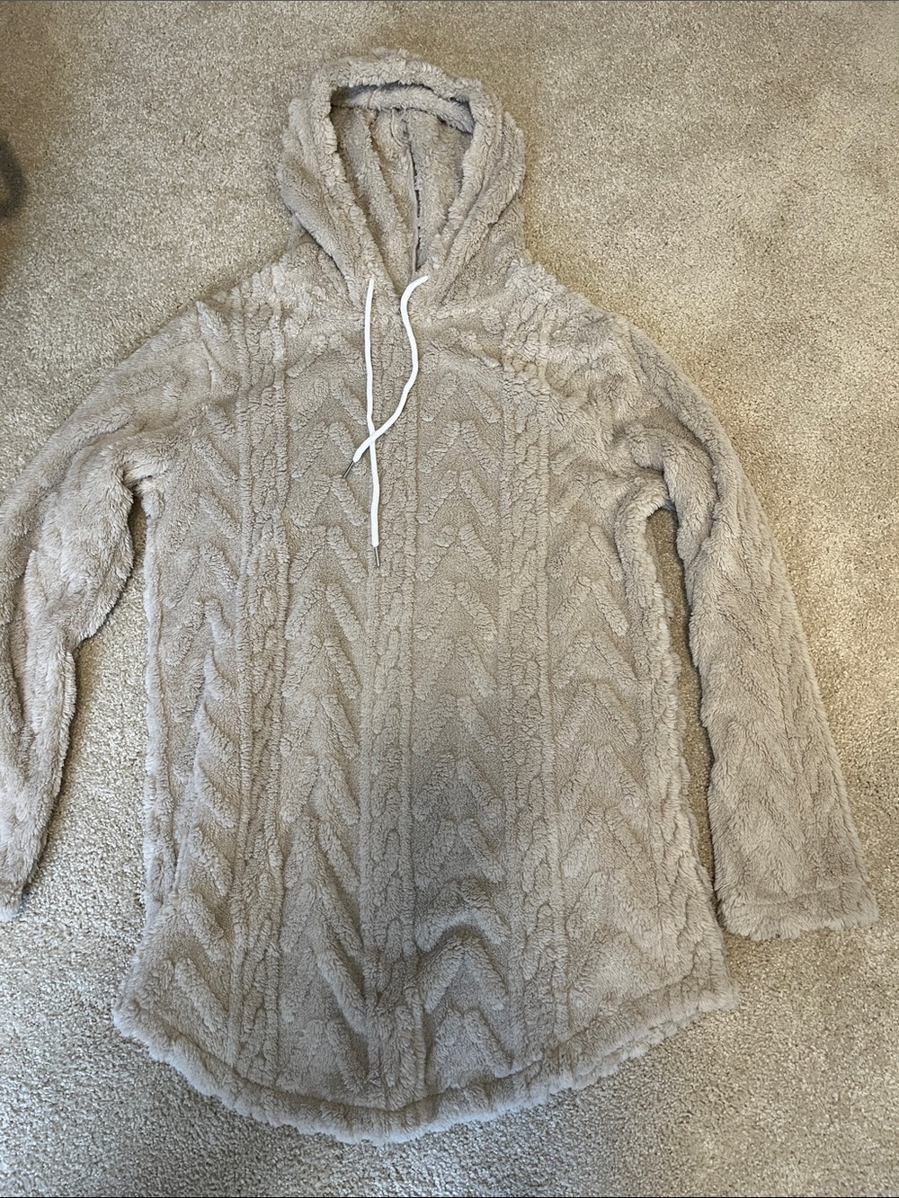 Plush Hooded Cable-Knit Sweater - Taupe